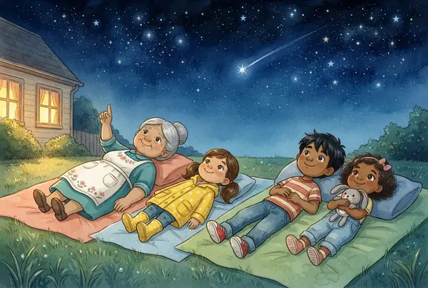 La abuela Rosa y los niños miran las estrellas tendidos sobre mantas en el jardín