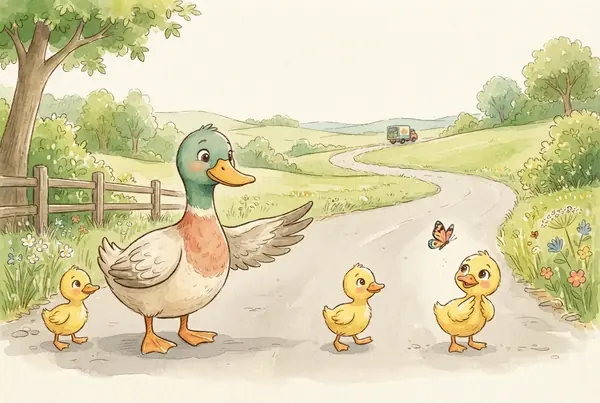 Una pata con sus tres patitos al borde de un camino de campo